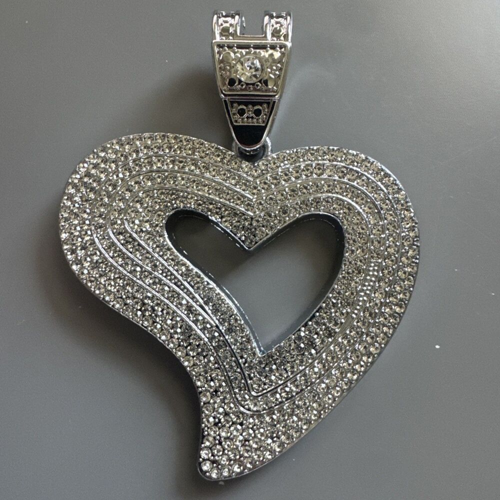 Heart Pendant Silver Plated 20" Chain Stainless Steel Cubic Zirconia Hip Hop